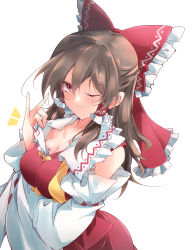 Rule 34 | 1girl, blush, breast hold, breasts, brown hair, cleavage, crossed arms, hair ribbon, hakurei reimu, highres, ichimura kanata, japanese clothes, large breasts, looking at viewer, medium hair, miko, one eye closed, pulling own clothes, red eyes, ribbon, seductive smile, smile, teasing, touhou