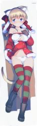 Rule 34 | 1girl, absurdres, ahoge, animal ears, blue eyes, blush, boots, bow, bow panties, braid, breasts, brown hair, cat ears, cat tail, christmas, covered erect nipples, dakimakura (medium), detached sleeves, dress, full-face blush, full body, furgonomic headwear, gloves, green thighhighs, hat, highres, hood, hood down, huge filesize, long hair, lynette bishop, no bra, open clothes, open shirt, panties, red thighhighs, santa dress, santa hat, shimada fumikane, shirt, single braid, solo, strike witches, striped clothes, striped thighhighs, tail, thighhighs, underboob, underwear, white panties, world witches series