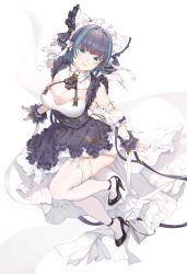 Rule 34 | 1girl, :3, animal ears, aqua eyes, aqua hair, aqua nails, arm strap, azur lane, black bow, black footwear, black hair, blunt bangs, bow, breasts, cheshire (azur lane), cleavage, cross, detached sleeves, dress, eyelashes, fangxiang cuoluan, frills, hairband, high heels, highres, lace, lace-trimmed legwear, lace trim, large breasts, looking at viewer, maid headdress, multicolored hair, nail polish, skindentation, smile, solo, star (symbol), stiletto heels, streaked hair, thighhighs, two-tone hair, white background, white thighhighs, wrist cuffs