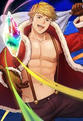Rule 34 | 1boy, abs, bara, blonde hair, gloves, glowing, granblue fantasy, green eyes, large pectorals, looking at viewer, male focus, muscular, nipples, open mouth, pectorals, santa costume, simple background, smile, solo, toned, toned male, topless male, vane (granblue fantasy), zink (zink mchn)