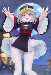 Rule 34 | 1girl, :d, absurdres, black dress, black hat, blue eyes, blue nails, brown hair, commentary request, double bun, dress, fingernails, full moon, hair bun, hat, highres, jiangshi costume, long fingernails, long sleeves, looking at viewer, moon, night, night sky, open mouth, original, outdoors, outstretched arms, pantyhose, qingdai guanmao, sharp fingernails, sky, smile, solo, swept bangs, tsuchikure, v-shaped eyebrows, wall, white pantyhose, wide sleeves