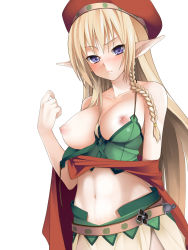 Rule 34 | 1girl, alleyne (queen&#039;s blade), alleyne (queen's blade), bare shoulders, belt, blush, braid, breasts, colorized, elf, face, fighting master alleyne, hat, highres, large breasts, navel, nipples, piiko (aa doushiyou), pointy ears, puffy nipples, purple eyes, queen&#039;s blade, solo