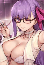 Rule 34 | 1girl, bb (bb shot!) (fate), bb (fate), black-framed eyewear, blush, bra, breasts, choker, collarbone, dress, fate/extra, fate/extra ccc, fate/grand order, fate (series), glasses, hair between eyes, hair ribbon, haoni, hat, knee up, large breasts, long hair, looking at viewer, one eye closed, open clothes, open dress, outstretched arm, parted lips, pink ribbon, purple eyes, purple hair, ribbon, selfie, short sleeves, smile, syringe, thighhighs, underwear, white bra, white dress