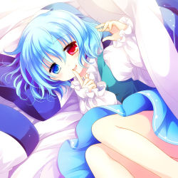 Rule 34 | 1girl, :p, bed, blanket, blue eyes, blue hair, blue skirt, blue vest, blush, finger to mouth, frilled sleeves, frills, heterochromia, highres, indoors, long sleeves, looking at viewer, lying, on side, pillow, red eyes, sakurazawa izumi, shirt, short hair, skirt, solo, tatara kogasa, tongue, tongue out, touhou, under covers, vest, white shirt