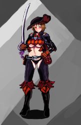 Rule 34 | 1girl, belt, black panties, breasts, brown hair, cape, chaps, clothing cutout, crotch cutout, dhampir, dhampir (monster girl encyclopedia), female focus, full body, grey background, half-human, half-undead, hat, highres, large breasts, midriff, mixed species, monster girl, monster girl encyclopedia, monster girl encyclopedia ii, navel, panties, rapier, red eyes, revealing clothes, short hair, smile, solo, standing, sword, udetamago, undead, underboob, underboob cutout, underwear, vampire, weapon
