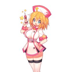 Rule 34 | 1girl, blonde hair, blue eyes, blush, breasts, buttons, crossover, hand on own hip, hat, heart, large breasts, looking at viewer, mamuru, nurse, nurse cap, open mouth, short sleeves, smile, solo, standing, star (symbol), syringe, thighhighs, transparent background, twinkle (uchi no hime-sama ga ichiban kawaii), uchi no hime-sama ga ichiban kawaii, wristband