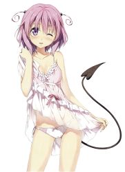 Rule 34 | 1girl, absurdres, artist request, bare arms, bare legs, bare shoulders, blush, bow, bow panties, breasts, cleavage, collarbone, crotch seam, demon girl, demon tail, female focus, hair ornament, highres, looking at viewer, medium breasts, momo velia deviluke, non-web source, one eye closed, open mouth, panties, pink hair, purple eyes, short hair, sleepwear, smile, solo, source request, tail, to love-ru, transparent background, twintails, underwear, wavy hair, white panties