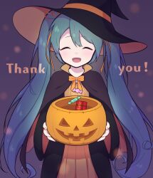 Rule 34 | 1girl, alternate costume, aqua hair, bow, bowtie, candy, capelet, closed eyes, food, gloves, halloween, halloween bucket, hat, hatsune miku, long hair, looking at viewer, masoogenki, orange bow, orange bowtie, solo, twintails, vocaloid, witch, witch hat