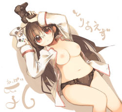 Rule 34 | 1girl, ahoge, arima senne, breasts, brown hair, controller, curvy, eyebrows, game console, game controller, glasses, hip focus, kashiwamochi yomogi, lingerie, long hair, lying, mole, mole on breast, navel, nipples, no bra, on back, open clothes, open shirt, original, panties, playing games, playstation 3, shirt, solo, translation request, underwear, video game, wide hips, xbox, xbox 360