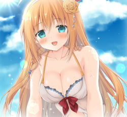 Rule 34 | 1girl, :d, aqua eyes, blonde hair, blue sky, breasts, cleavage, cloud, collarbone, commentary request, dress, flower, hair flower, hair ornament, hairband, highres, korie riko, light particles, long hair, looking at viewer, medium breasts, open clothes, open dress, open mouth, pecorine (princess connect!), pecorine (summer) (princess connect!), princess connect!, sky, smile, solo, sun, sunlight, upper body, white dress