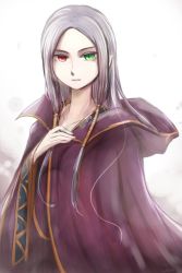 Rule 34 | 1girl, cloak, collarbone, fire emblem, fire emblem: the binding blade, fire emblem heroes, green eyes, heterochromia, idunn (fire emblem), lips, looking at viewer, nintendo, pointy ears, red eyes, silver hair, simple background, solo, twitter, white background, yoshiyanmk2
