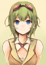Rule 34 | 1girl, bad id, bad pixiv id, bare shoulders, blue eyes, brooch, closed mouth, detached collar, gem, green background, green hair, gumi, headphones, headset, highres, jewelry, koretsuki aduma, looking at viewer, orange vest, portrait, short hair, simple background, sleeveless, smile, solo, throat microphone, vest, vocaloid, wing collar