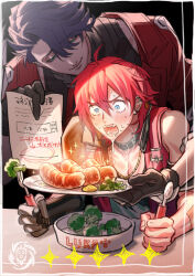 Rule 34 | 2boys, @ @, ahoge, belt, black gloves, blue hair, blush, broccoli, card (medium), card parody, character name, closed mouth, drooling, eating, food, fork, gloves, green eyes, hair between eyes, half-closed eyes, highres, holding, holding fork, holding paper, holding plate, holding spoon, honkai: star rail, honkai (series), hungry, looking at another, looking at food, luka (honkai: star rail), male focus, mechanical arms, mouth drool, multiple boys, okammm3, open mouth, paper, plate, red hair, saliva, sampo koski, sausage, short hair, single mechanical arm, sitting, smile, sparkle, spoon, standing, star (symbol), sweatdrop, teasing, wide-eyed