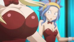 Rule 34 | 2girls, animated, animated gif, anime screenshot, blonde hair, blue hair, bouncing breasts, breast envy, breasts, cleavage, fairy tail, large breasts, leotard, levy mcgarden, lowres, lucy heartfilia, multiple girls, playboy bunny, screencap