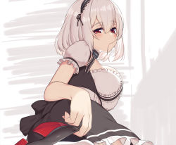Rule 34 | 1girl, azur lane, blush, breasts, choker, clothes lift, dress, dress lift, frilled choker, frills, hair between eyes, hairband, highres, lace-trimmed hairband, lace trim, large breasts, lifting own clothes, looking at viewer, olive (laai), puffy short sleeves, puffy sleeves, red eyes, short hair, short sleeves, sirius (azur lane), solo, white hair