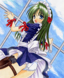 Rule 34 | 1girl, blue eyes, cleaning, cleaning glasses, cleaning windows, dutch angle, frilled panties, frills, from behind, green hair, gun, hairband, holster, long hair, looking back, maid, maid headdress, matra milan, open mouth, original, panties, ribbon, solo, sweatdrop, thigh holster, traditional media, underwear, weapon, white panties, window