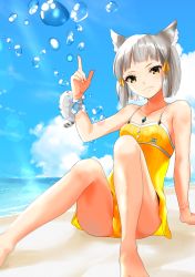 Rule 34 | 1girl, absurdres, animal ear fluff, animal ears, arm support, barefoot, beach, blunt bangs, breasts, cat ears, chest jewel, dress swimsuit, facial mark, highres, magic, medium hair, nayuta-kanata, nia (fancy sundress) (xenoblade), nia (xenoblade), ocean, one-piece swimsuit, silver hair, sitting, small breasts, solo, spoilers, swimsuit, water, xenoblade chronicles (series), xenoblade chronicles 2, yellow eyes, yellow one-piece swimsuit