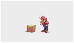 Rule 34 | 1boy, block (object), blouse, facial hair, gloves, grey background, hand on own chin, hand on own hip, hat, highres, male focus, mario, mario (series), minecraft, mustache, nin nakajima, nintendo, overalls, red hat, red shirt, shirt, simple background, solo, stroking own chin, super smash bros., white gloves