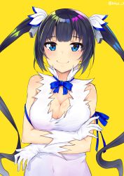 Rule 34 | 1girl, absurdres, bare shoulders, black hair, blue eyes, blue ribbon, blush, breasts, cleavage, cleavage cutout, clothing cutout, commentary, dress, dungeon ni deai wo motomeru no wa machigatteiru darou ka, gloves, hair ornament, hair ribbon, hestia (danmachi), highres, large breasts, long hair, looking at viewer, ribbon, rinse 7, simple background, smile, solo, twintails, white dress, white gloves, yellow background