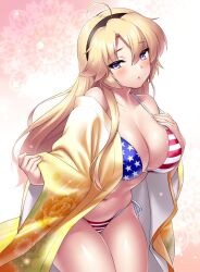 Rule 34 | 1girl, ahoge, american flag bikini, bikini, black hairband, blonde hair, blue eyes, blush, breasts, cleavage, collarbone, commentary request, commission, cowboy shot, curvy, eyelashes, eyes visible through hair, flag print, floral print, gradient background, hair between eyes, hairband, hands up, head tilt, japanese clothes, kimono, kohagura ellen, large breasts, long hair, long sleeves, looking at viewer, navel, off shoulder, open clothes, open kimono, parted lips, pink background, shiny skin, shy, side-tie bikini bottom, sidelocks, simple background, skeb commission, solo, standing, stomach, sweat, swimsuit, thighs, toji no miko, tsurime, undressing, very long hair, white background, wide sleeves, yellow kimono, zen (kamuro)