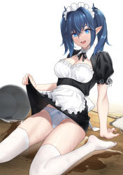 Rule 34 | 1girl, apron, arm support, black neckwear, black ribbon, black skirt, blue eyes, blue hair, blue panties, breasts, broom, cleavage, clothes lift, commentary request, hair between eyes, highres, lifted by self, looking at viewer, maid, maid headdress, medium breasts, open mouth, original, panties, pointy ears, prime, puffy short sleeves, puffy sleeves, ribbon, short hair, short sleeves, sitting, skirt, skirt lift, solo, thighhighs, twintails, underwear, wet, white apron, white thighhighs