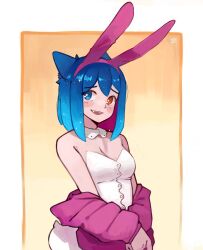 Rule 34 | 1girl, animal ears, bare shoulders, blue eyes, blue hair, breasts, cleavage, commentary, dress, english commentary, engrish commentary, fake animal ears, fangs, hairband, heterochromia, highres, jacket, kart prowler, looking at viewer, medium breasts, multicolored hair, original, pink hairband, pink jacket, purple hair, rabbit ears, rabbit tail, red eyes, smile, solo, strapless, strapless dress, tail, two-tone hair, white dress