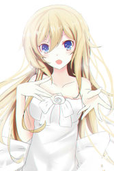 Rule 34 | 1girl, blonde hair, blue eyes, chromatic aberration, collarbone, dress, highres, long hair, looking at viewer, open mouth, original, re:rin, simple background, solo, strapless, strapless dress, white background, white dress