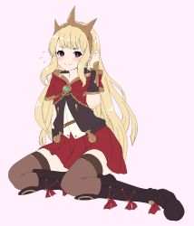 Rule 34 | 10s, 1girl, black thighhighs, blonde hair, blush, boots, bracer, cagliostro (granblue fantasy), flying sweatdrops, granblue fantasy, hakuduki18, highres, long hair, looking at viewer, purple eyes, simple background, sitting, skirt, smile, solo, thigh boots, thighhighs, white background, yokozuwari