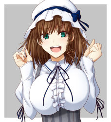 Rule 34 | 1girl, bonnet, braid, breasts, brown hair, charlotte corday (fate), charlotte corday (second ascension) (fate), fate/grand order, fate (series), green eyes, hasebe akira, juliet sleeves, large breasts, long sleeves, looking at viewer, open mouth, puffy sleeves, sleeves past wrists, smile, solo, upper body