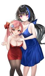 Rule 34 | bad id, bad pixiv id, black hair, blue dress, blue eyes, bow, breasts, character request, cleavage, collarbone, cowboy shot, dress, girls&#039; frontline, hair bow, hair ornament, hairclip, hand on another&#039;s head, hei d, jericho (girls&#039; frontline), large breasts, negev (girls&#039; frontline), pantyhose, pink eyes, pink hair, ponytail, red dress, red eyes, simple background, white background