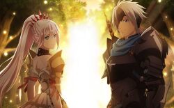Rule 34 | 1boy, 1girl, alphen (tales), armor, backlighting, black choker, blue eyes, breastplate, choker, closed mouth, diadem, dress, forest, layered dress, long hair, looking at viewer, nature, pink hair, ponytail, shionne (tales), short hair, shoulder armor, shoulder blades, smile, tales of (series), tales of arise, very long hair, white dress, white hair