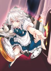 Rule 34 | 1girl, apron, blue dress, braid, commentary, cup, dress, izayoi sakuya, looking at viewer, maid, maid apron, maid headdress, nikke (cherish), pocket watch, puffy short sleeves, puffy sleeves, red eyes, shirt, short sleeves, silver hair, smile, snapping fingers, solo, spilling, tea set, teacup, teapot, thigh strap, touhou, tray, twin braids, waist apron, watch