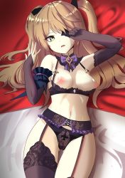 Rule 34 | 1girl, armband, black bow, black bra, black panties, black thighhighs, bow, bowtie, bra, breasts, detached collar, detached sleeves, elbow gloves, evasong, eyepatch, fischl (genshin impact), from above, garter belt, garter straps, genshin impact, gloves, green eyes, lace, lace-trimmed legwear, lace panties, lace trim, light brown hair, lingerie, long hair, looking at viewer, lying, navel, nipples, on back, on bed, open mouth, panties, purple neckwear, small breasts, thighhighs, twintails, underwear