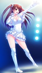 Rule 34 | 10s, 1girl, :d, blush, boots, breasts, brown hair, capelet, cleavage, contrapposto, covered navel, dress, elbow gloves, female focus, full body, gloves, high heel boots, high heels, holding, holding microphone, jewelry, legs, long hair, microphone, miyai sen, music, navel, necklace, ogiso setsuna, open mouth, outstretched arm, panties, scrunchie, shiny skin, singing, skindentation, smile, solo, strapless, strapless dress, thighhighs, twintails, two side up, underwear, white album (series), white album 2, white dress, white footwear, white gloves, white thighhighs, wireless, yellow eyes