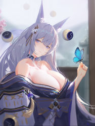 Rule 34 | 1girl, animal ear fluff, animal ears, azur lane, bare shoulders, blue butterfly, blue eyes, blue hair, blue kimono, breasts, bug, butterfly, cleavage, closed mouth, commentary request, fox ears, from side, hand up, highres, insect, japanese clothes, kimono, large breasts, long hair, looking at viewer, looking to the side, off shoulder, sansan (dongfangzhong111), shinano (azur lane), solo, wide sleeves