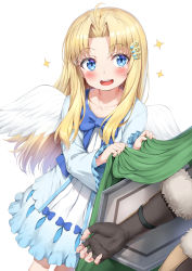 Rule 34 | 1boy, 1girl, :d, absurdres, ahoge, angel wings, arm shield, blonde hair, blue bow, blue dress, blue eyes, blush, bow, brown gloves, cape, cape grab, collarbone, commentary request, dress, elbow gloves, feathered wings, fingerless gloves, fingernails, filo (tate no yuusha no nariagari), forehead, fur-trimmed gloves, fur trim, gloves, green cape, hair ornament, highres, iwatani naofumi, long hair, long sleeves, looking away, looking to the side, nedia (nedia region), open mouth, parted bangs, round teeth, simple background, smile, solo focus, sparkle, tate no yuusha no nariagari, teeth, upper teeth only, very long hair, white background, white wings, wings