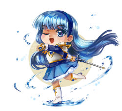 Rule 34 | 1girl, anoushka russell, armor, blue hair, blue hairband, blue skirt, boots, chibi, commentary, english commentary, hair behind ear, hairband, holding, holding sword, holding weapon, long hair, magic knight rayearth, one eye closed, ryuuzaki umi, skirt, smile, solo, sword, water, weapon, white background, white footwear