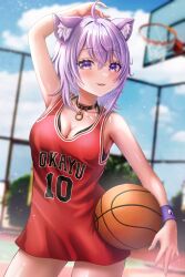 Rule 34 | 1girl, absurdres, ahoge, alternate costume, animal ear fluff, animal ears, arm up, ball, basketball, basketball (object), basketball court, basketball hoop, basketball jersey, basketball uniform, black choker, blue sky, blurry, blurry background, blush, bra, bra peek, breasts, cat ears, cat girl, character name, choker, cleavage, cowboy shot, fence, highres, holding, holding ball, hololive, looking at viewer, medium breasts, nekomata okayu, no pants, number print, outdoors, parted lips, purple eyes, purple hair, red shirt, shirt, short hair, sky, solo, sportswear, thighs, underwear, virtual youtuber, wajuniorbox, wristband