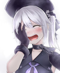 Rule 34 | 10s, 1girl, abyssal ship, blush, bow, cannon, choker, closed eyes, commentary request, covering one eye, covering own eyes, crying, destroyer princess, gloves, hair between eyes, hair bow, hat, highres, kantai collection, neckerchief, neit ni sei, open mouth, school uniform, serafuku, side ponytail, silver hair, sleeveless, solo, tears