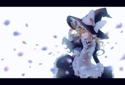 Rule 34 | 1girl, absurdres, adapted costume, apron, arm up, black shirt, black skirt, blurry, blurry foreground, braid, commentary request, cowboy shot, depth of field, expressionless, from side, hair ribbon, hand on headwear, hat, hat ribbon, highres, juliet sleeves, kirisame marisa, letterboxed, long hair, long sleeves, looking to the side, petals, profile, puffy sleeves, ribbon, shirt, simple background, single braid, skirt, sleeve cuffs, solo, touhou, tress ribbon, very long hair, white background, witch hat, yellow eyes, yurigaoka nayuki
