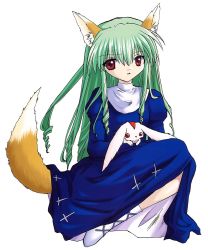 Rule 34 | 00s, 1girl, animal, animal ears, fox ears, fox tail, galaxy angel, green hair, highres, long hair, looking at viewer, red eyes, simple background, solo, tagme, tail, vanilla h, white background