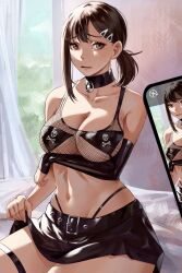 Rule 34 | 1girl, bare shoulders, belt, black bra, black choker, black pants, black skirt, bra, breasts, brown eyes, brown hair, chainsaw man, choker, cleavage, clothes lift, collarbone, cowboy shot, crop top, curtains, detached sleeves, fishnet top, fishnets, higashiyama kobeni, indoors, large breasts, looking at viewer, medium hair, midriff, miniskirt, mole, mole under eye, mole under mouth, navel, open mouth, out of frame, pants, prodviks, side ponytail, sitting, skirt, skirt lift, studded belt, taking picture, thigh strap, underwear