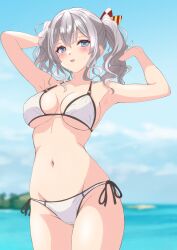 Rule 34 | 1girl, absurdres, arm up, armpits, bare shoulders, bikini, blue eyes, blurry, blurry background, blush, breasts, cloud, collarbone, commentary, covered erect nipples, cowboy shot, day, grey hair, groin, hair between eyes, hair ribbon, hand up, highres, horizon, kantai collection, kashima (kancolle), large breasts, navel, nitamako (sakamalh), ocean, outdoors, ribbon, side-tie bikini bottom, smile, solo, swimsuit, thigh gap, thighs, twintails, underboob, water, white bikini