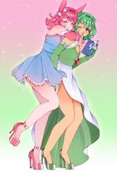 Rule 34 | 2girls, absurdres, animal ears, anyuuki, blue card, blue dress, blue eyes, breasts, card, closed eyes, closed mouth, dress, dress shoes, flat chest, gloves, gradient background, green dress, green footwear, green gloves, green hair, highres, holding, holding card, hug, hug from behind, jewelry, light green hair, long dress, multiple girls, necklace, one eye closed, original, pink footwear, pink gloves, pink hair, rabbit ears, short dress, short hair, small breasts, smile, yuri
