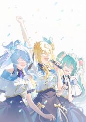 3girls ^_^ aqua_hair arm_up blonde_hair blue_bow blue_dress blue_flower blue_hair blue_neckerchief blue_rose blue_sailor_collar blue_skirt blue_wings bow bowtie buttons closed_eyes collared_dress collared_shirt commentary confetti cowboy_shot double-breasted dress dress_bow elira_pendora english_commentary finana_ryugu fins fist_bump flower frilled_sailor_collar frilled_sleeves frills hair_between_eyes hair_bow hair_flower hair_ornament hair_over_one_eye hair_rings hairclip happy head_fins head_wings high_ponytail highres holding holding_microphone idol lazulight long_hair lower_teeth_only microphone multiple_girls neckerchief necktie nijisanji nijisanji_en off-shoulder_shirt off_shoulder open_mouth orange_flower pink_flower pink_rose pleated_sleeves pomu_rainpuff purple_bow purple_necktie rose sailor_collar sanqi_yuan shirt short_sleeves side_ponytail single_sidelock skirt skirt_under_dress sleeveless sleeveless_dress smile teeth two_side_up upper_teeth_only very_long_hair virtual_youtuber white_background white_flower white_rose white_shirt wings yellow_bow yellow_bowtie