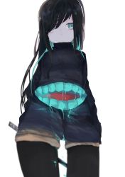 Rule 34 | 1girl, absurdres, bags under eyes, bioluminescence, black hair, black pantyhose, blue hair, drooling, expressionless, extra mouth, female focus, glowing, hair over one eye, highres, monster girl, muki, multicolored hair, original, pantyhose, shorts, solo, uosaki (muki)