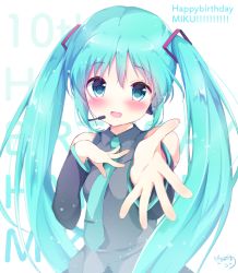 Rule 34 | 1girl, amedamacon, aqua necktie, artist name, bad id, bad pixiv id, blush, character name, detached sleeves, grey shirt, hair between eyes, hand on own chest, happy birthday, hatsune miku, headset, long hair, looking at viewer, necktie, open mouth, outstretched hand, shirt, sidelocks, signature, simple background, sleeveless, sleeveless shirt, smile, solo, tareme, twintails, upper body, very long hair, vocaloid, white background