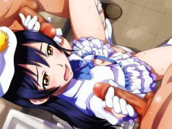 Rule 34 | 10s, 1girl, bathroom, blue hair, blush, boots, breasts, censored, clothed female nude male, double handjob, covered erect nipples, from above, handjob, hat, indoors, legs, long hair, looking at another, love live!, love live! school idol project, mosaic censoring, navel, nude, open mouth, panties, panties around leg, penis, pussy, sameha ikuya, sitting, skirt, small breasts, solo focus, sonoda umi, standing, thighs, toilet, underwear, white footwear, white skirt, yellow eyes