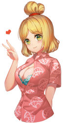 Rule 34 | 1girl, animal crossing, asanogawa (tutufcc), blonde hair, blue bra, blush, bra, breasts, brown shirt, cleavage, closed mouth, collared shirt, commentary request, cropped torso, green eyes, hair bun, hand up, heart, highres, isabelle (animal crossing), leaf print, medium breasts, nintendo, open clothes, open shirt, parted bangs, partially unbuttoned, print shirt, shirt, short sleeves, simple background, single hair bun, smile, solo, underwear, upper body, v, white background