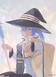 Rule 34 | 1girl, absurdres, artist name, bird, black skirt, blue eyes, blue hair, braid, breasts, cape, collared cape, collared shirt, crossed bangs, dress, hat, highres, holding, holding staff, long hair, long sleeves, looking at viewer, mushoku tensei, roxy migurdia, shirt, simple background, skirt, small breasts, smile, solo, staff, twin braids, twintails, wangza, witch hat, yellow cape